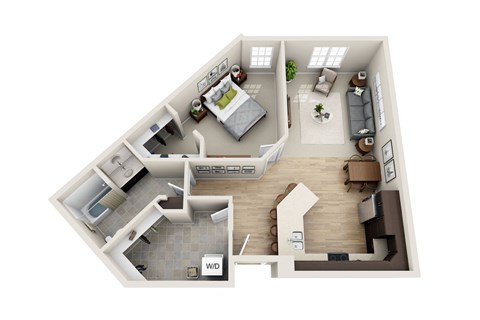 Floor plan for 1 bed, 1 bath, 895 sqft